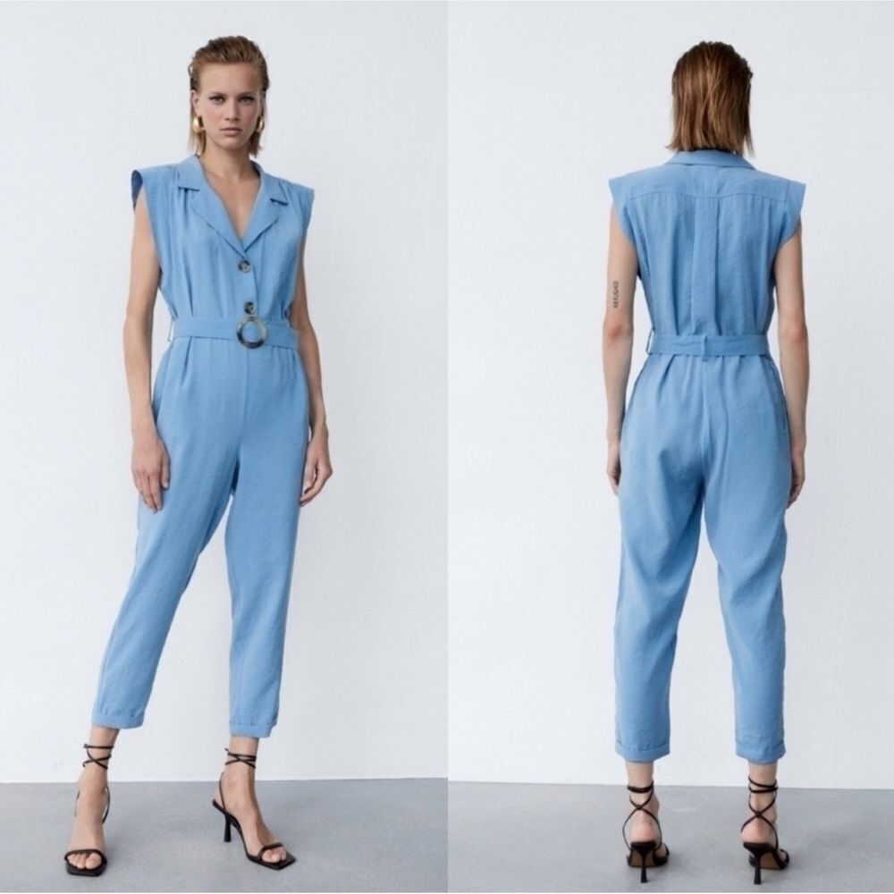 Zara Light Blue Sleeveless Belted Jumpsuit
